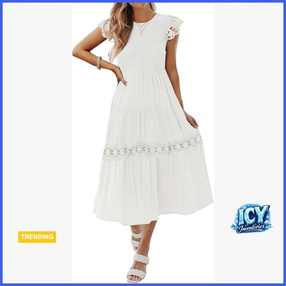 Rayon Midi Dress Flowy A-Line Smocked Bust Flutter Sleeve